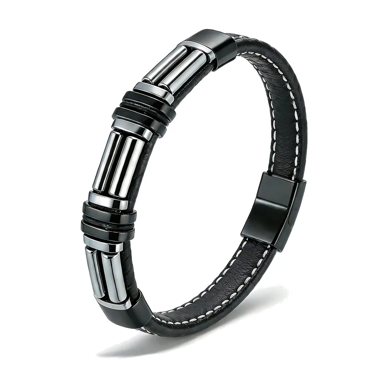 Braided Leather Bracelet with Stainless Steel Bars