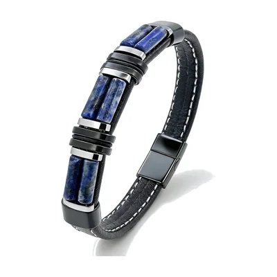 Pulsera de cuero trenzado con piedras azules, acero inoxidable