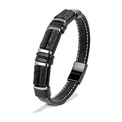 Pulsera de cuero trenzado con piedras negras, acero inoxidable