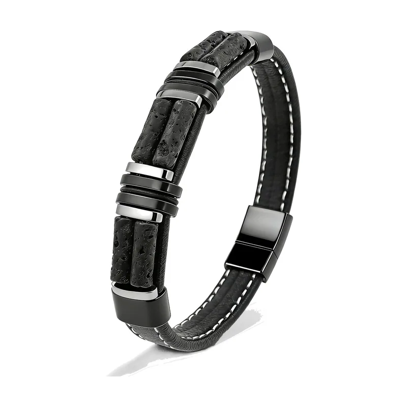 Braided Leather Bracelet with Black Stones, Stainless Steel