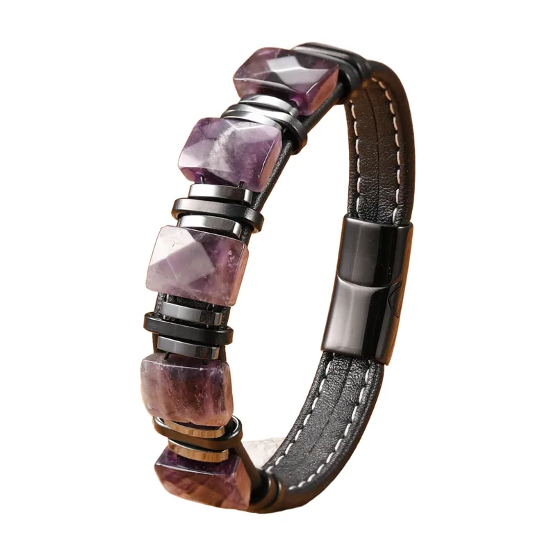 Geflochtenes Lederarmband mit lila Steinen, Edelstahl