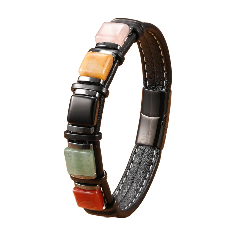 Bracciale in pelle intrecciata con pietre multicolore, acciaio inossidabile