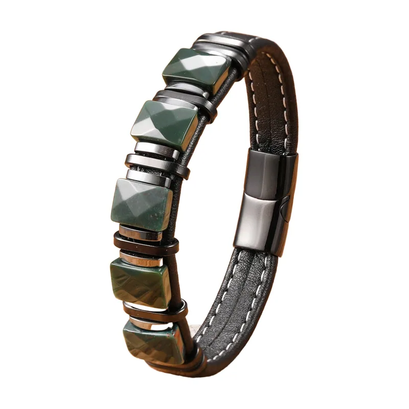 Bracelet en cuir tressé avec pierres vertes, acier inoxydable