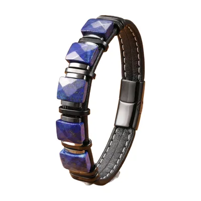 Pulsera de cuero trenzado con piedras azules, acero inoxidable