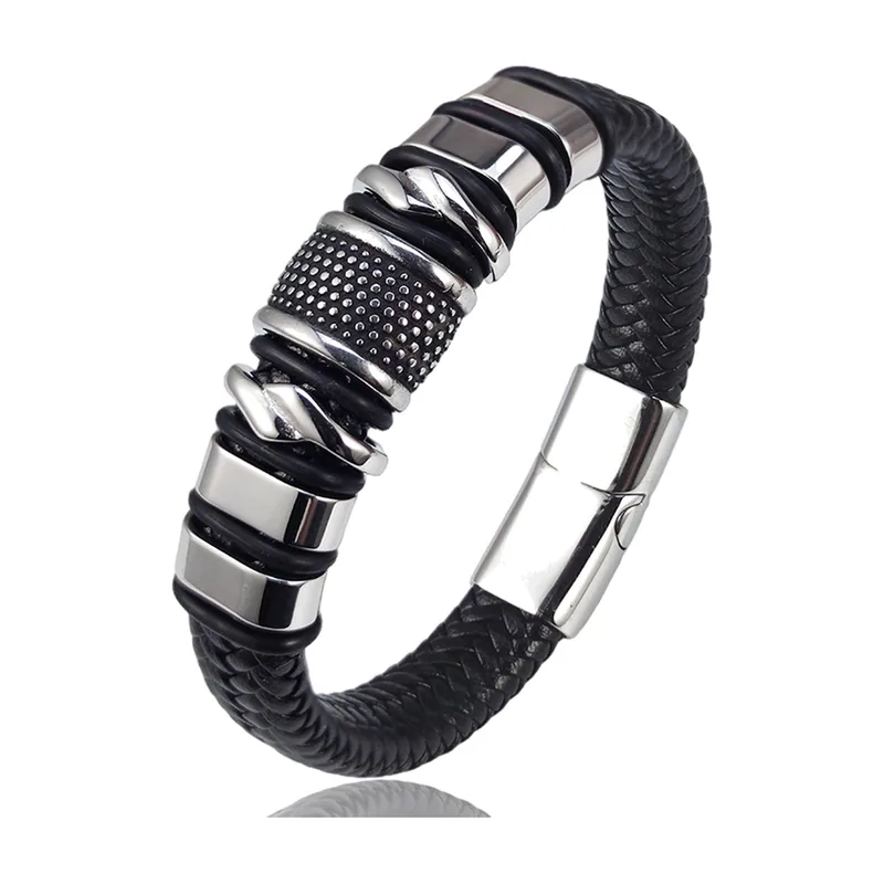 Pulsera de cuero trenzado con cierre magnético de acero inoxidable
