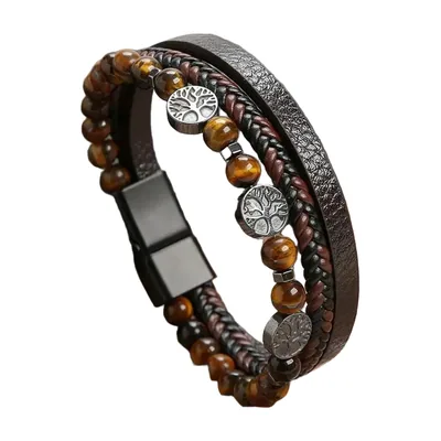 Bracciale in pelle intrecciata Albero della Vita e Occhio di Tigre, Acciaio Inossidabile