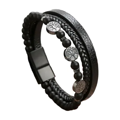 Set de Pulseras de Cuero y Cuentas Árbol de la Vida, Acero Inoxidable