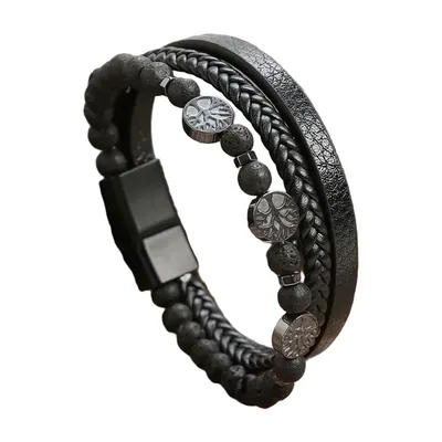 Pulsera de cuero trenzado y piedra volcánica con árbol Yggdrasil, acero inoxidable