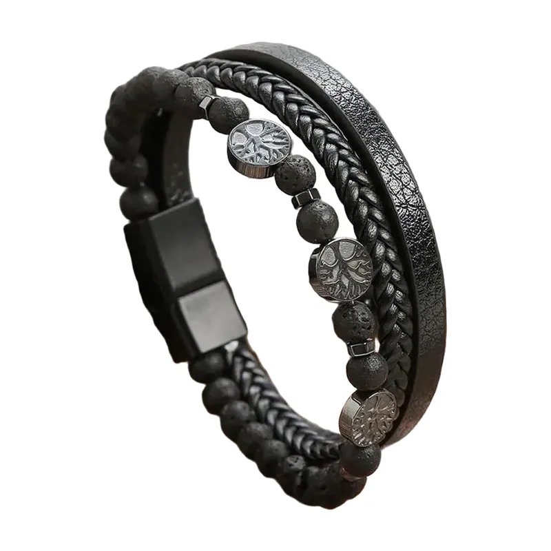 Braided Leather and Lava Stone Bracelet with Yggdrasil Tree, Stainless Steel
