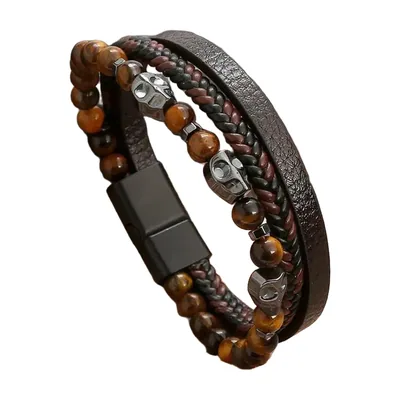 Braided Leather and Bead Bracelet with Cross, Stainless Steel