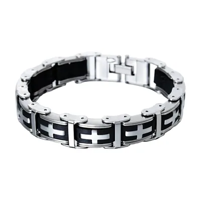 Cross Motif Link Bracelet, 316L Stainless Steel and Silicone