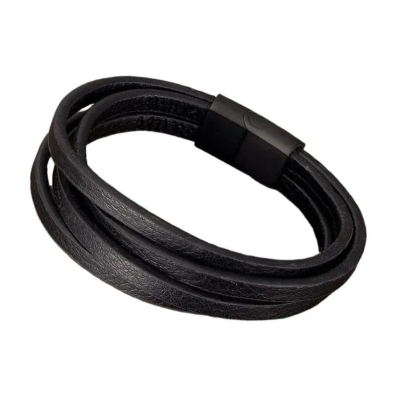 Bracelet en cuir multicouche avec fermoir magnétique, Acier inoxydable