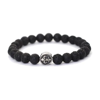 Bracciale in Pietra Lavica con Giglio Fleur-de-lis, Acciaio Inox 316L