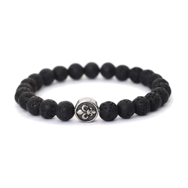 Lavastein Armband mit Fleur-de-Lis Symbol, Edelstahl 316L