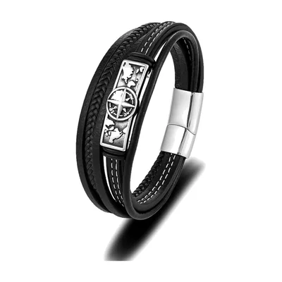 Bracelet en cuir tressé Boussole Viking Vegvisir, Acier Inoxydable
