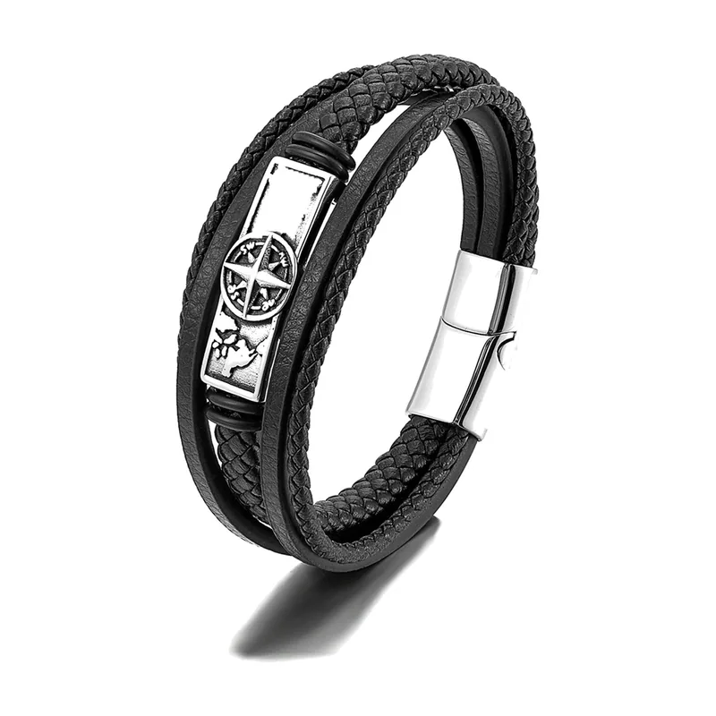 Pulsera Vegvisir Brújula Vikinga de Cuir y Acero Inoxidable