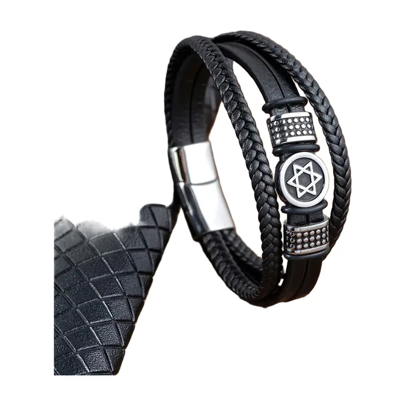 Geflochtenes Lederarmband mit Davidstern, 316L Edelstahl