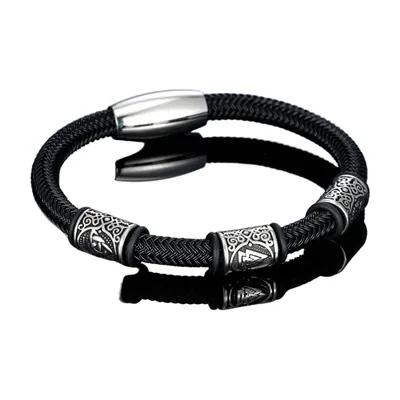 Bracelet en Cuir Tressé avec Runes Viking, Acier Inoxydable