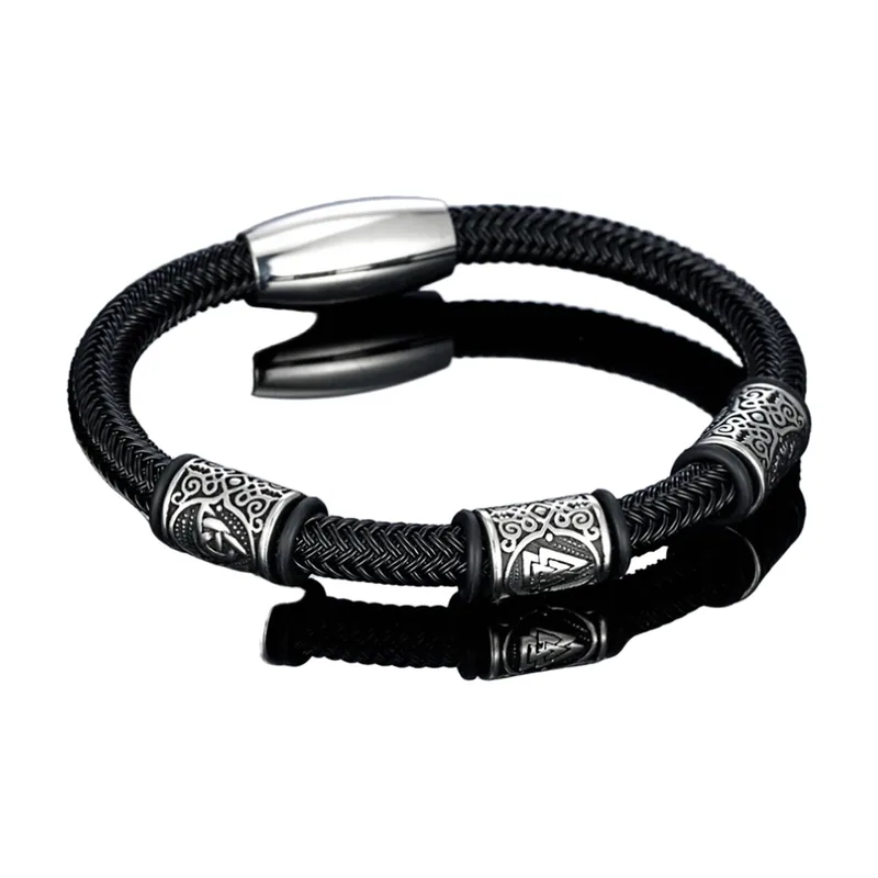 Geflochtenes Lederarmband mit Wikinger-Runen, Edelstahl