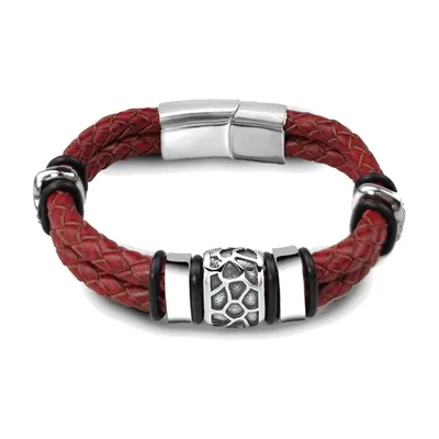 Pulsera de Cuero Trenzado con Cuenta Texturizada, Acero Inoxidable 316L