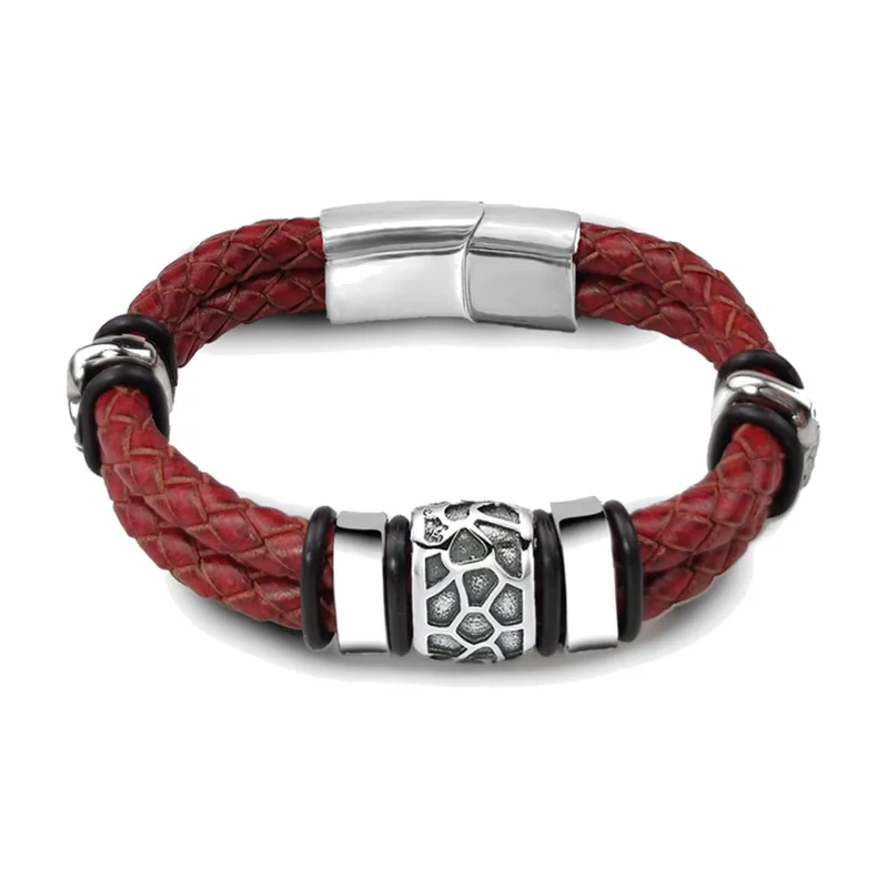 Bracelet en Cuir Tressé avec Perle Texturée, Acier Inoxydable 316L