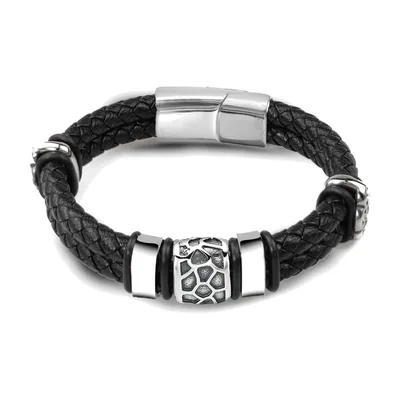 Pulsera de cuero trenzado con elemento texturizado, Acero Inoxidable