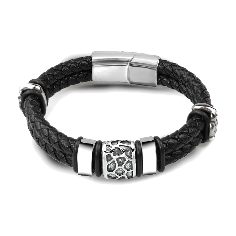 Bracelet en cuir tressé avec élément texturé, Acier Inoxydable