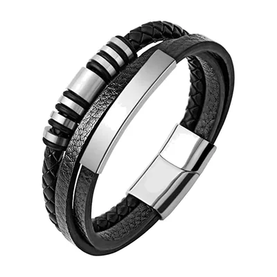 Braided Leather Wrap Bracelet with Stainless Steel Accents