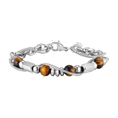 Pulsera de Cadena y Cuentas con Piedras Marrones, Acero Inoxidable
