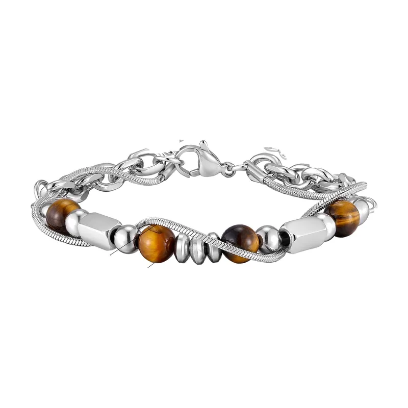 Perlenarmband mit Kette und braunen Steinen, Edelstahl