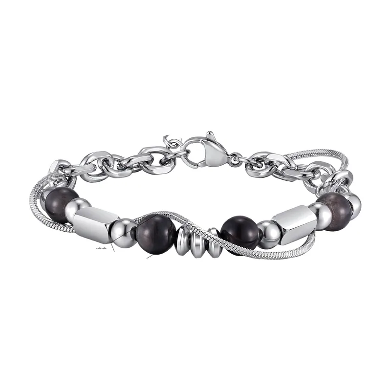 Beaded Chain Bracelet with Grey Stones, Stainless Steel