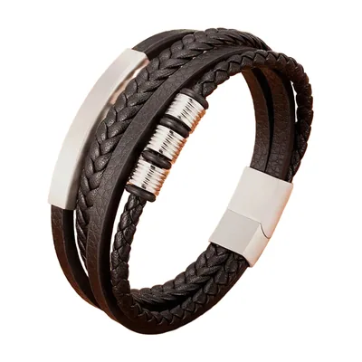 Multi-Layer Braided Leather Bracelet with Magnetic Clasp, Stainless Steel