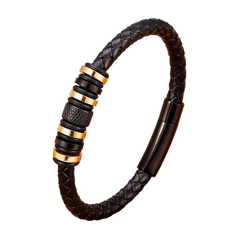 Bracelet en cuir tressé et perles en acier inoxydable