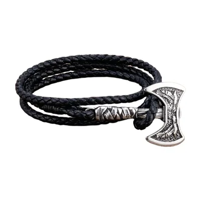 Bracelet Wrap Viking avec Pendentif Hache, Cuir et Acier Inoxydable
