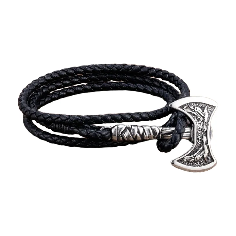 Bracciale Wrap Vichingo con Pendente Ascia, Pelle e Acciaio Inossidabile