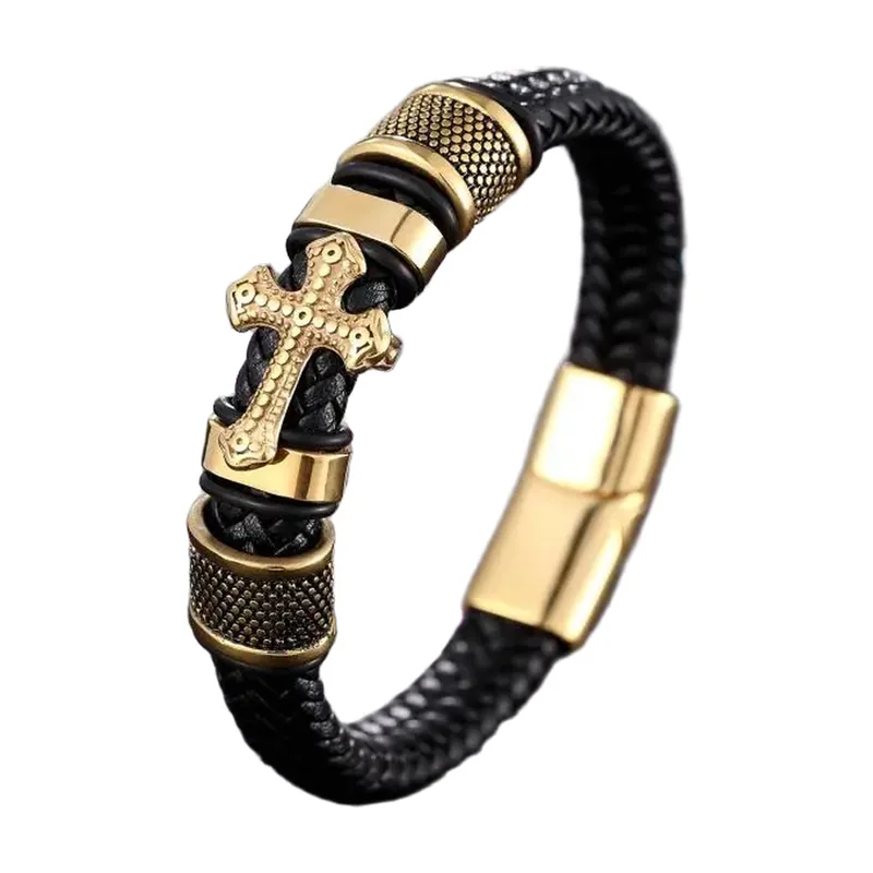 Bracciale in Pelle Intrecciata con Croce, Acciaio Inossidabile