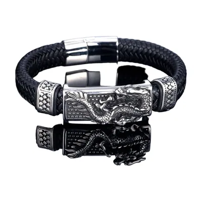 Braided Leather Bracelet with Dragon Motif, 316L Stainless Steel