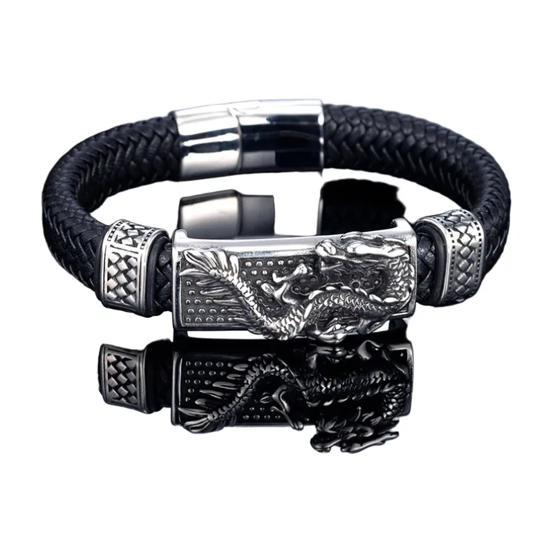 Bracelet en cuir tressé avec motif Dragon, acier inoxydable 316L