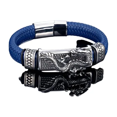 Bracelet en cuir tressé avec motif Dragon, acier inoxydable 316L – Bleu