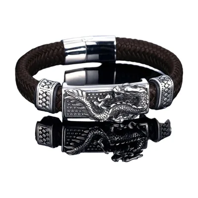 Bracelet en cuir tressé avec motif Dragon, acier inoxydable 316L – Marron