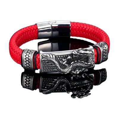 Bracelet en cuir tressé avec motif Dragon, acier inoxydable 316L – Rouge