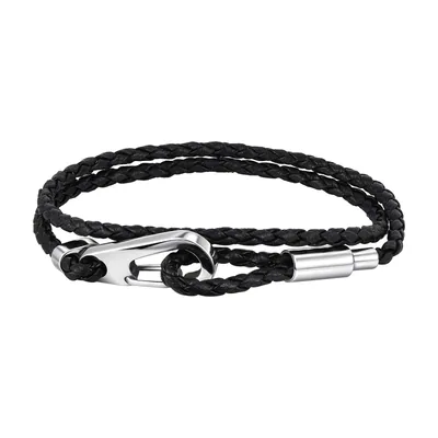 Doppellagiges geflochtenes Lederarmband mit Hakenverschluss, Edelstahl