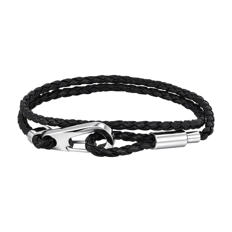 Double Layer Braided Leather Bracelet with Hook Clasp, Stainless Steel