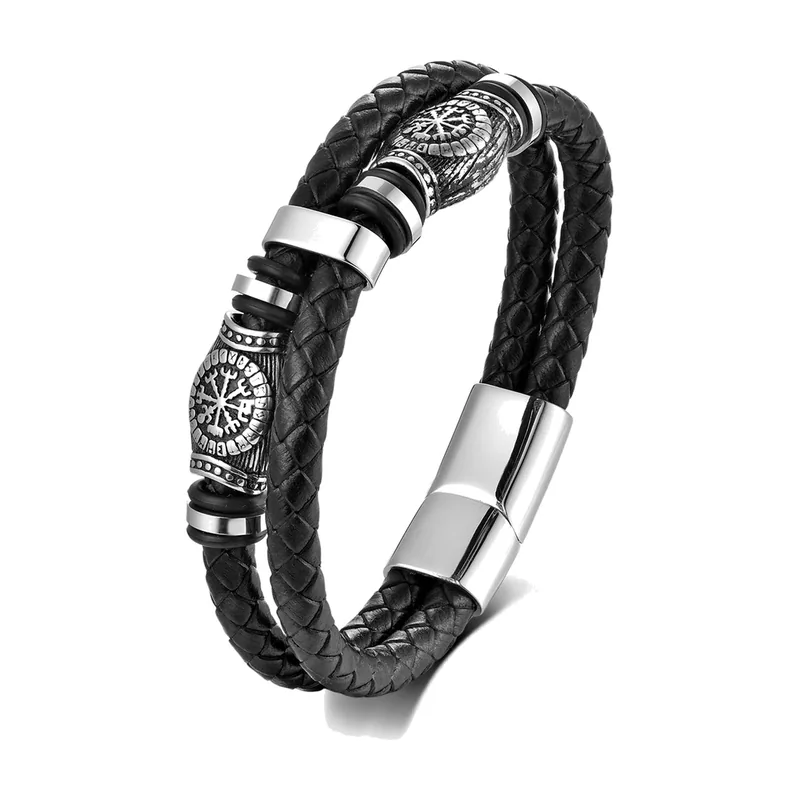 Pulsera Brújula Vikinga Vegvisir, Cuero Trenzado y Acero Inoxidable
