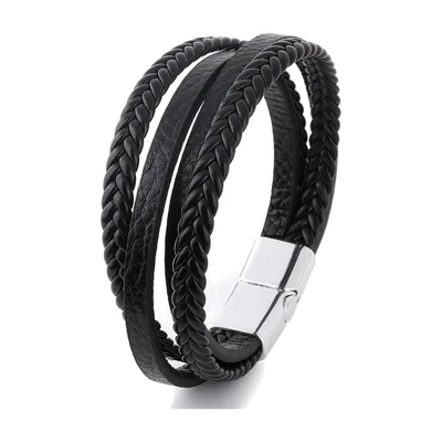 Pulsera de cuero trenzado multicapa con cierre magnético, Acero Inoxidable