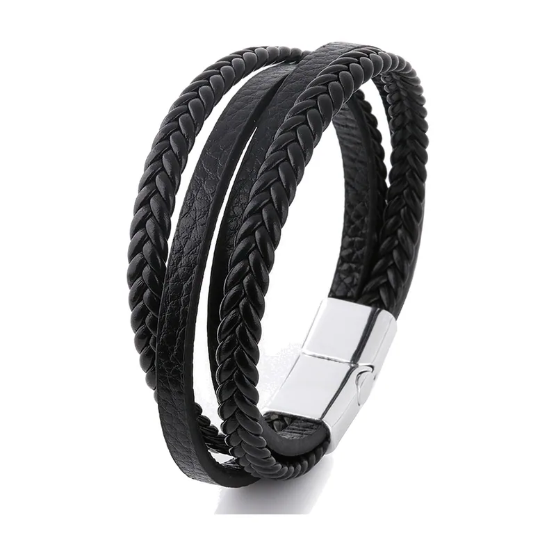 Braided Multi-Layer Leather Bracelet with Magnetic Clasp, Stainless Steel