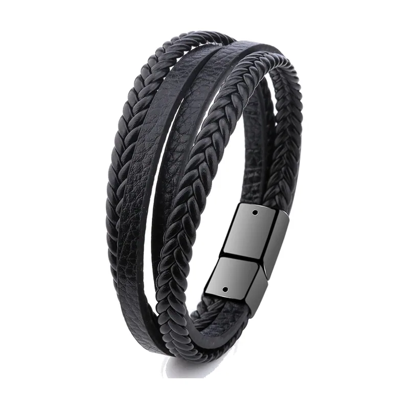 Braided Multi-Layer Leather Bracelet with Magnetic Clasp, Stainless Steel