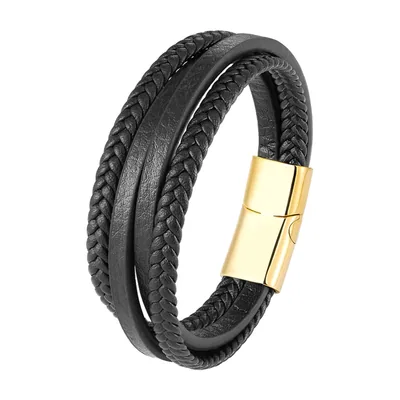 Pulsera de cuero trenzado multicapa con cierre magnético, acero inoxidable