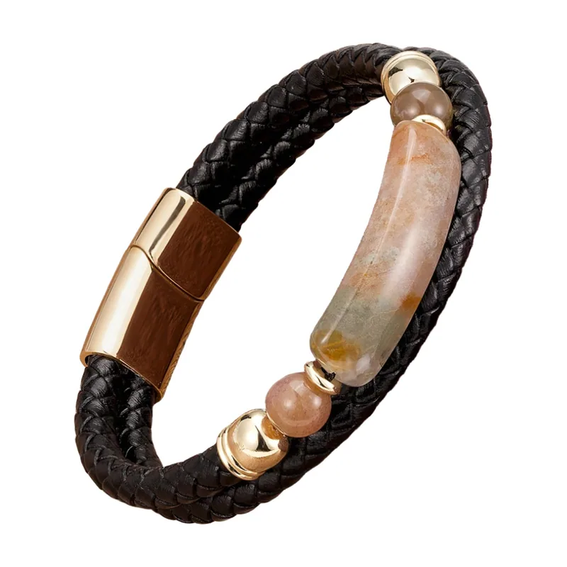 Braided Leather Bracelet with Natural Stone, Stainless Steel