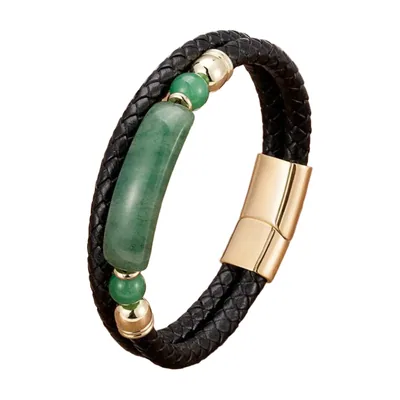 Bracelet en cuir tressé avec pierre verte, acier inoxydable